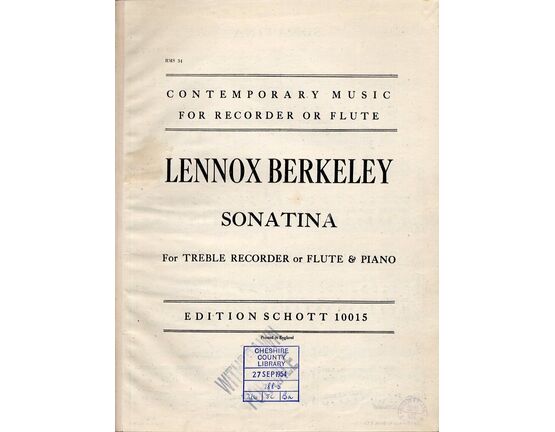 189 | Berkeley - Sonatina - For Treble Recorder or Flute & Piano - RMS. 34 - Edition Schott 10015