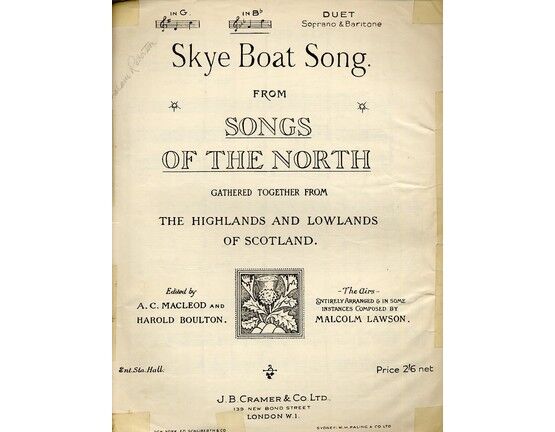 4648 | Skye Boat Song -  From Songs Of The North -  Gathered Together From The Highlands and Lowlands of Scotland - In the key of B flat major for High Voice
