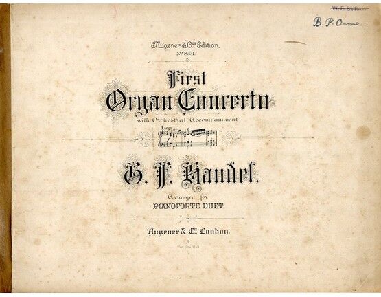 4696 | Handel - First Organ Concerto - Arranged for Piano Duet - Augener & Co. Edition No. 8551