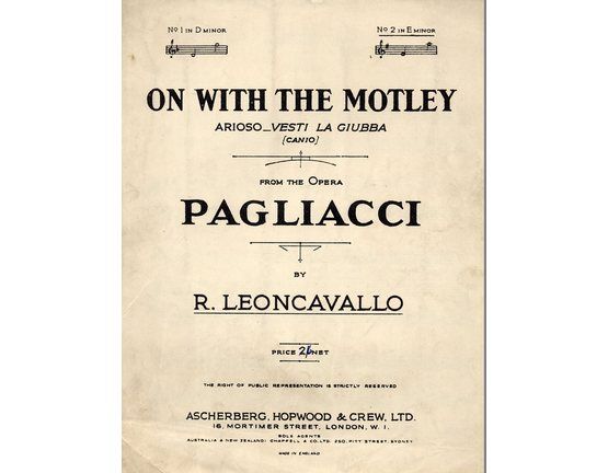 4895 | On With the Motley - Ario Vesti La Giubba (Canio) - from "Pagliacci"  - Key of E minor for High Voice