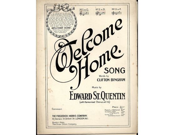 5002 | Welcome Home - Song - In the key of D major for medium voice