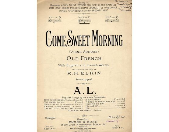 5181 | Come Sweet Morning (Viens Aurore) -  Old French song in the key of E major for medium voice