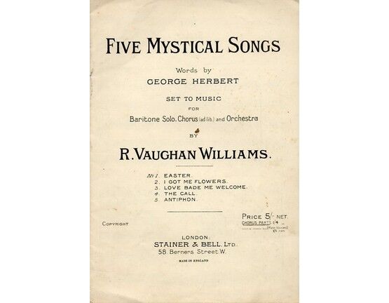 5275 | Five Mystical Songs - For Baritone Solo, Chorus (ad lib.)  and Orchestra - Vocal Score