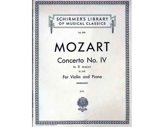 6953 | Concerto No. IV in D major - For Violin and Piano - K. 218 - Schirmer's Library of Musical Classics Vol. 890