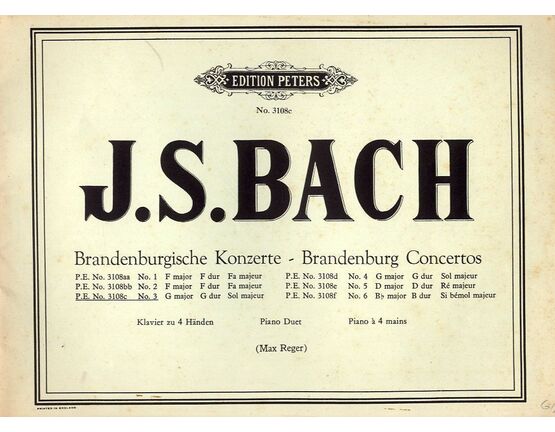 7055 | Brandenburgische Konzerte - Brandenburg Concertos - No. 3 - G major - Edition Peters No. 3108c - Klavier zu 4 Handen - Piano Duet