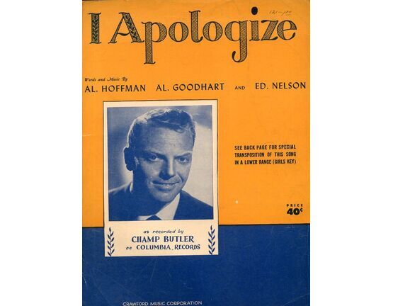 7303 | I Apologise - As Recorded by Champ Butler on Columbia Records