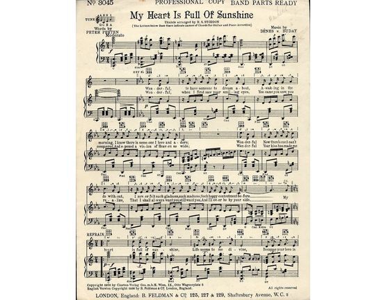7791 | My Heart is Full of Sunshine - For Piano and Voice with Ukulele chord symbols - Professional Copy - Feldman edition No. 3045