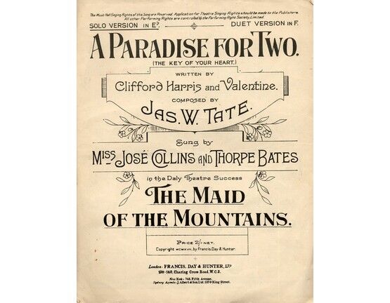 7805 | A Paradise for Two,  from "The Maid of the Mountains" - Key of E flat for Low voice