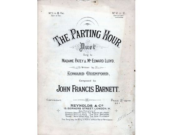 7940 | The Parting Hour - Duet for Soprano and Contralto or 2nd Soprano with Piano accompaniment - Sung by Madame Patey and Mr Edward Lloyd - No. 2 in key of