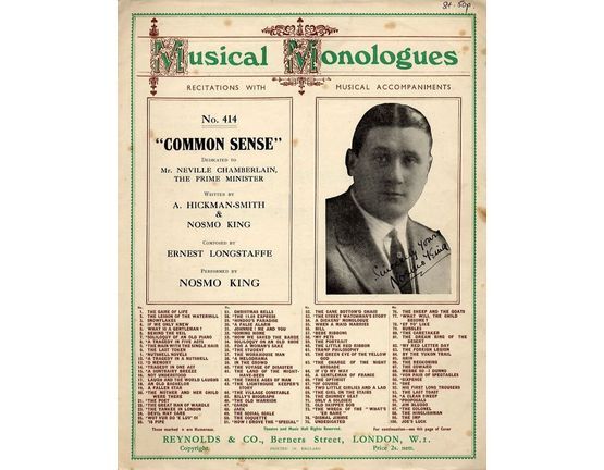 7955 | Common Sense - Dedicated to Mr Neville Chamberlain The Prime Minister - Performed by Nosmo King - For Piano and Voice