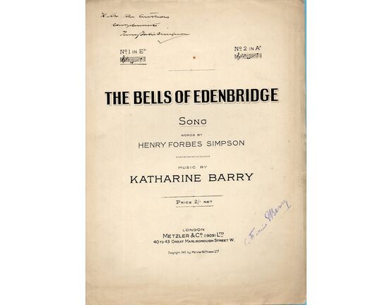 7981 | The Bells of Edenbridge - Song in the key of E flat - Signed "With the Authors Compliments" by Henry Forbes Simpson
