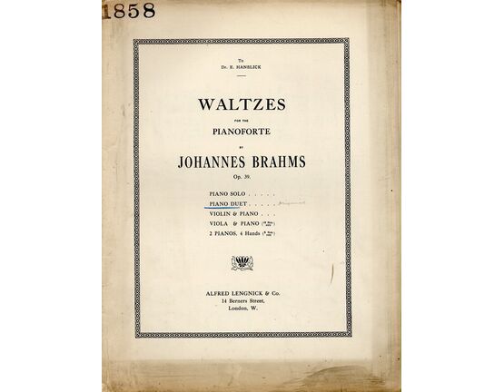 8069 | Brahms - 16 Waltzes for the Pianoforte - Arranged as Piano Duets - Op. 39