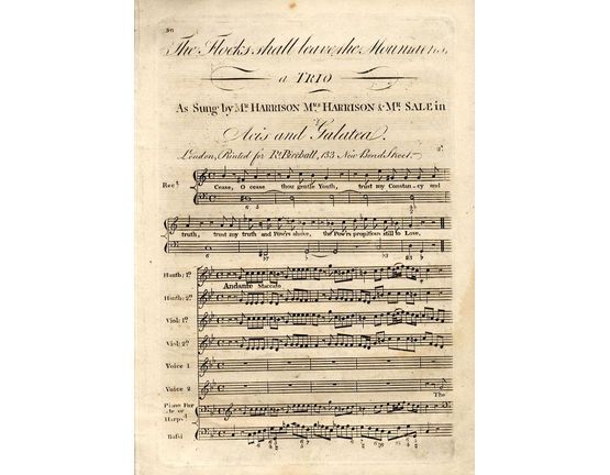 8139 | The Flocks shall leave the Mountains - A Trio as sung by Mr Harrison and Mrs Harrison and Mr Sale in Acis and Galatea - For Bass, Piano or Harp, 2 Voi