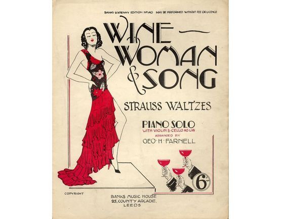 8538 | Wine, Woman and Song - Strauss Waltzes - For Piano Solo with Violin and Cello Ad. Lib. - Banks sixpenny edition No. 140