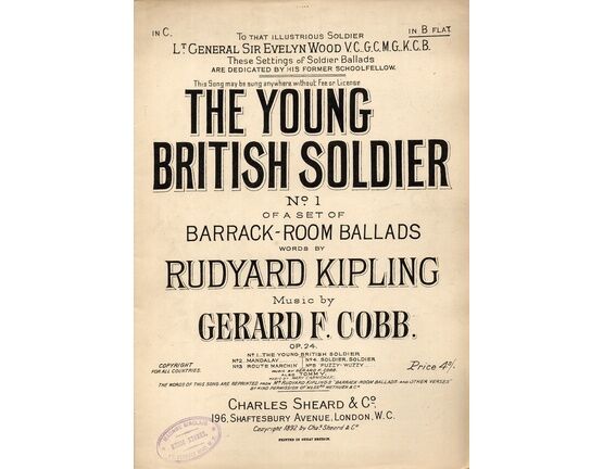 9273 | The Young British Soldier (Op. 24) - No. 1 of Barrack Room Ballads dedicated to Lt. General Sir Evelyn Wood - In the Key of B flat for High Voice