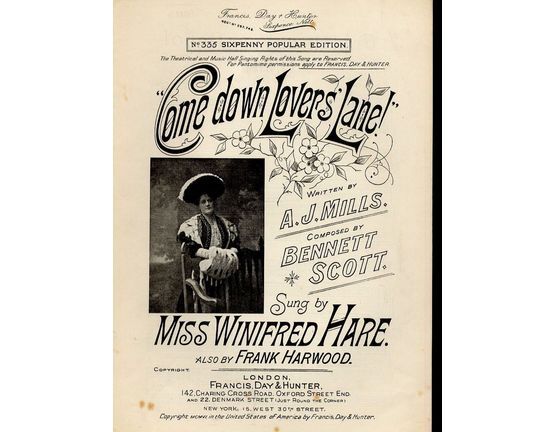 9652 | Come down Lovers Lane! - Sung by Miss Winifred Hare also by Frank Harwood - Francis, Day and Hunter sixpenny popular edition No. 335