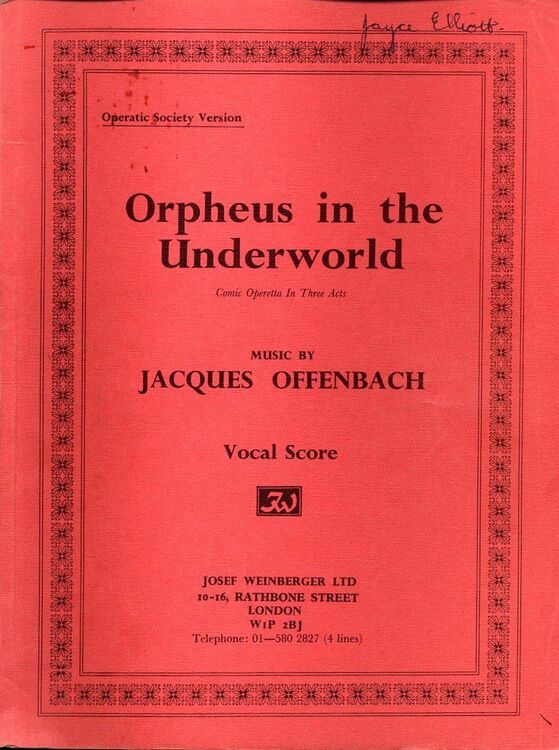 Orpheus in the Underworld Comic Operetta in 3 Acts Full Vocal Score Operatic Society