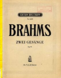 Brahms - Zwei Gesange - Fur eine Altstimme mit Bratsche und Pianoforte - Op. 91 - Edition Breitkopf No. 6109