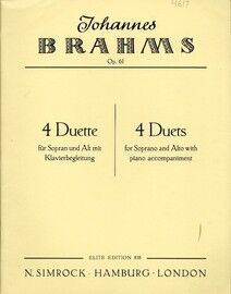 Brahms - 4 Duets for Soprano and Alto with Piano Accompaniment - Op. 61 - In German and English - Elite Edition No. 838