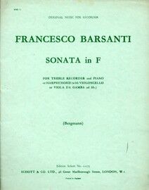 Barsanti - Sonata in F Major - For Treble Recorder and Piano with Cello ad. lib. - Edition Schott No. 10075