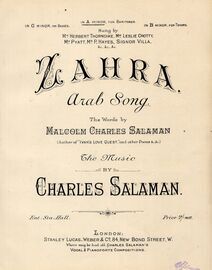 Zahra - Arab Song - In The Key of A Minor - For Medium Voice - Sung by Herbert Thorndike, Leslie Crotty, Mr Pyatt, Mr P. Hayes, Signor Villa