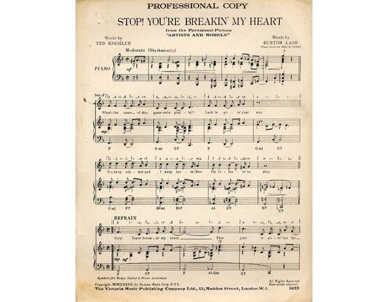 10085 | Stop you're Breakin' my Heart - Song -  From The film "Artists and Models" - Professional Copy