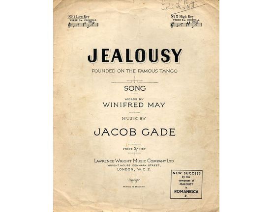 11 | Jealousy - Song - Founded on the Famous Tango - Song - Low Key - Verse D minor, Chorus G major