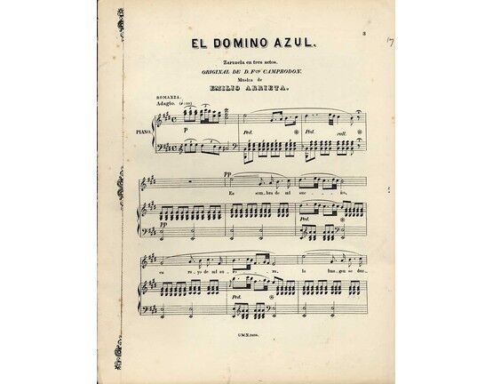 11306 | El Domino Azul - Zarzuela en Tres Actos - Romanza - For Voice and Piano - No. 3 from 'Piezas Sueltas de la Zarzuelas Favoritas'
