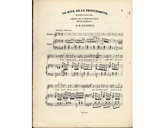 11306 | La Hija de la Providencia  - Adios Noble Morada - Zarzuela en 3 Actos - For Voice and Piano - No. 7 from 'Piezas Sueltas de la Zarzuelas Favoritas'