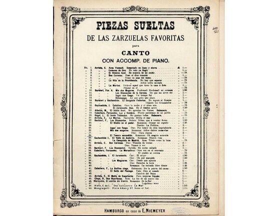 11306 | Un Tesoro Escondido - Zarzuela en 3 Actos - Romanza - For Voice and Piano - No. 28 from 'Piezas Sueltas de la Zarzuelas Favoritas'