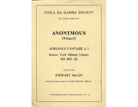 11529 | Adrianus Fantasie a 5 - For 5 Viols (2 Treble, 2 Tenor, Bass) - Viola da Gamba Society Supplementary Publication No. 141