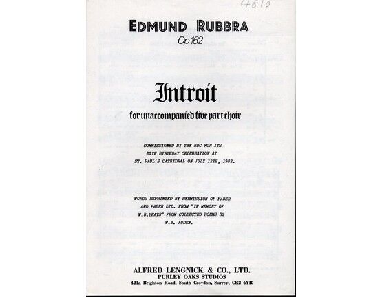 11726 | Rubbra - Introit - For Unaccompanied Five Part Choir - Op. 162 - Commissioned by the BBC for its 60th Birthday Celebration at St. Paul's Cathedral on