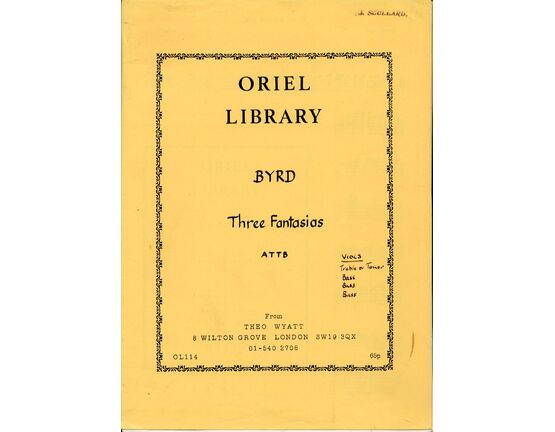 11779 | Byrd - Three Fantasias - For ATTB Recorders - Oriel Library Edition 114