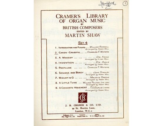 11845 | Cramer's Library of Organ Music by British Composers - Canon / Gavotte - Edited by Martin Shaw - Set 4 - For Organ