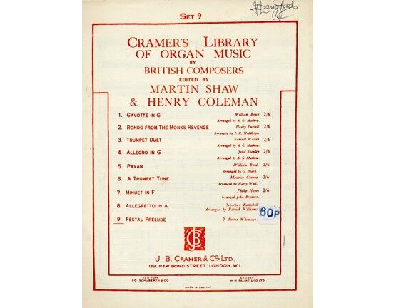 11845 | Cramer's Library of Organ Music by British Composers - Festival Prelude - Edited by Martin Shaw & Henry Coleman - Set 9 - For Organ