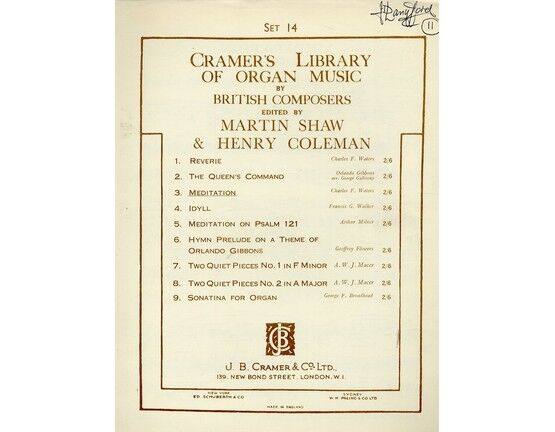 11845 | Cramer's Library of Organ Music by British Composers - Meditation - Edited by Martin Shaw & Henry Coleman - Set 14