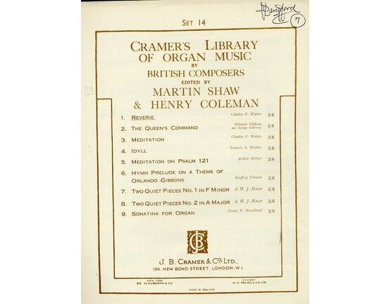 11845 | Cramer's Library of Organ Music by British Composers - Reverie - Edited by Martin Shaw & Henry Coleman - Set 14