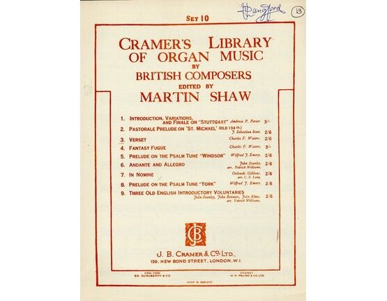 11845 | Cramer's Library of Organ Music by British Composers - Verset - Edited by Martin Shaw - Set 10