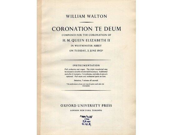 139 | Coronation te Deum - Composed for the Coronation of H. M. Queen Elizabeth 2nd in Westminster Abbey on Tuesday, 2nd June 1953 - Vocal Score with Piano