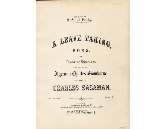 2589 | A Leave Taking - Song for Tenor or Soprano Voice - Dedicated to Mrs Alfred Phillips