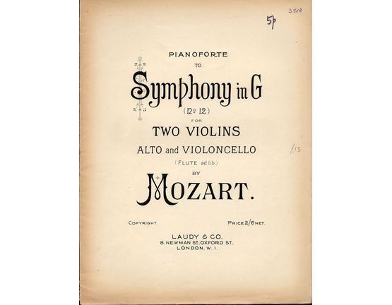 2742 | Mozart Pianoforte to Symphony in G - No. 12 - For Two Violins, Alta and Violoncello (Flute ad lib)