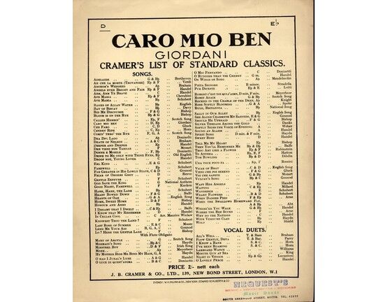 3347 | Caro Mio Ben - Song in the key of D major for low voice