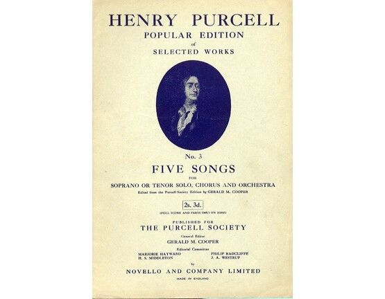 3779 | Henry Purcell Popular Edition of Selected Works No. 3 - Five Songs for Soprano or Tenor Solo, Chorus and Orchestra - Published by The Purcell Society - General Editor - Gerald M. Cooper