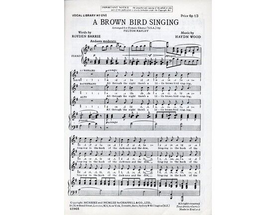 4 | A Brown Bird Singing - Arranged for Female Chorus (S.S.A.)