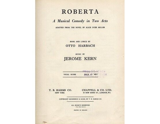 4 | Roberta - A Musical Comedy in Two Acts - Adapted from the novel by Alice Duer Miller - Vocal Score