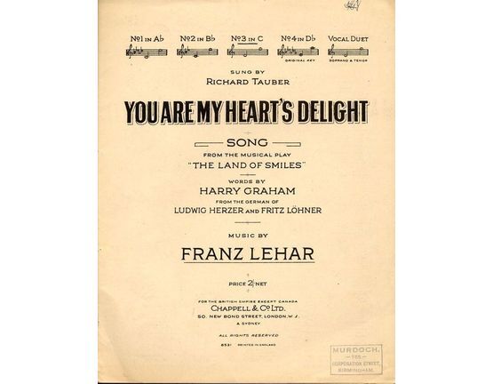 4 | You are My Hearts Delight,  from "The Land of Smiles" - Key of C major for medium voice
