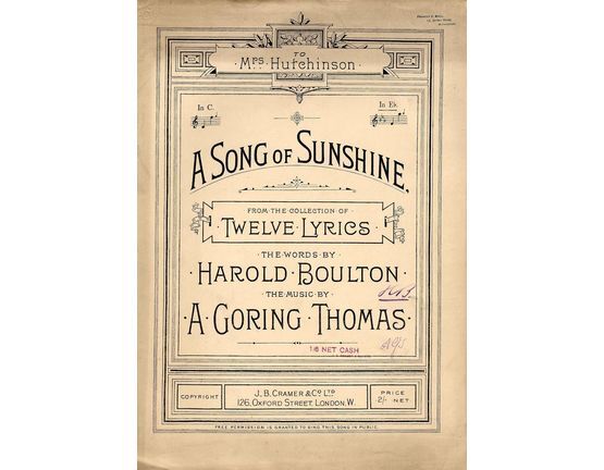 4001 | A Song of Sunshine - Key of E flat for High Voice - From the Collection of Twelve Lyrics