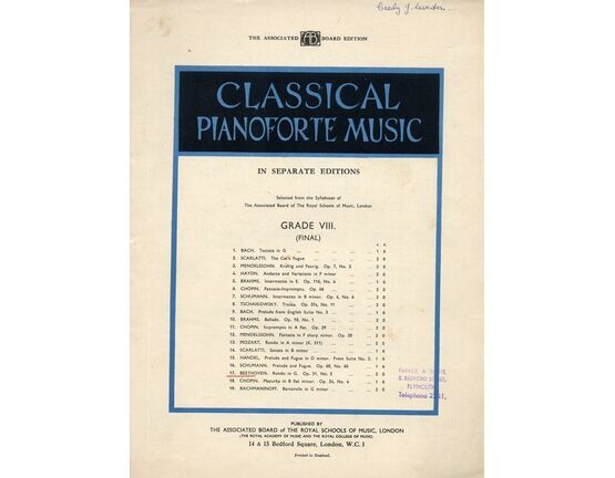 4100 | Beethoven - Rondo in G - Op. 51 - No. 2 - Piano Solo - Grade VIII (Final) - Associated Board Edition