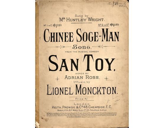 4588 | Chinee Soge-Man - Song from the Musical Comedy "San Toy" - Sung by Mr. Huntley Wright - In the Key E Flat Major for High Voice