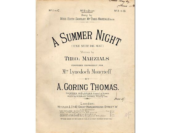 4640 | A Summer Night - (Une nuit De Mai) -  Song as performed by Madam Clara Butt in the key of D flat for medium voice with Accompaniament for Violoncello